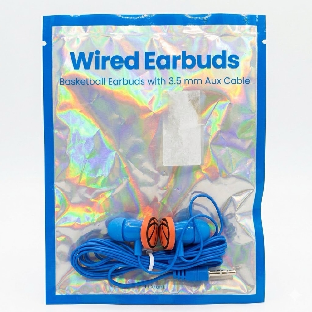 NIB Basketball Wired Earbuds w/ 3.5mm Aux - Fun Figural Charm!